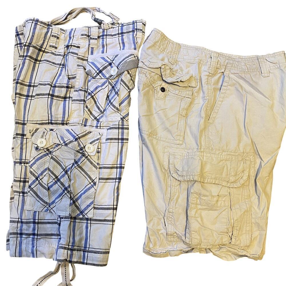 Y2K Men30 CargoShorts Lotof2 Plaid Solid Beige Outdoors Travel Work Beach Cotton